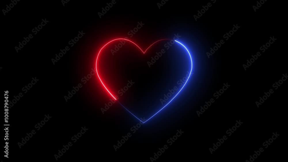 Love sign with neon glowing animation on a black background. Glowing red neon heart on black background. Love sign with neon glowing animation on a black background. Glowing red neon heart on black background.
