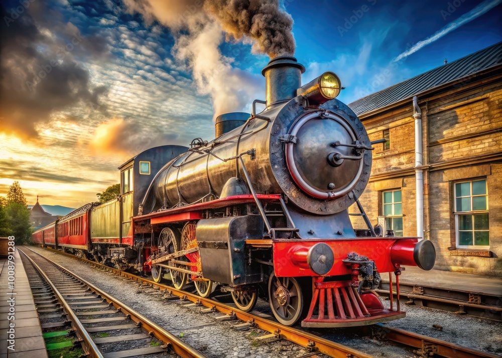 Fototapeta premium Vintage Steam Locomotive at Station with Rusty Front and Historic Charm in Natural Light Setting