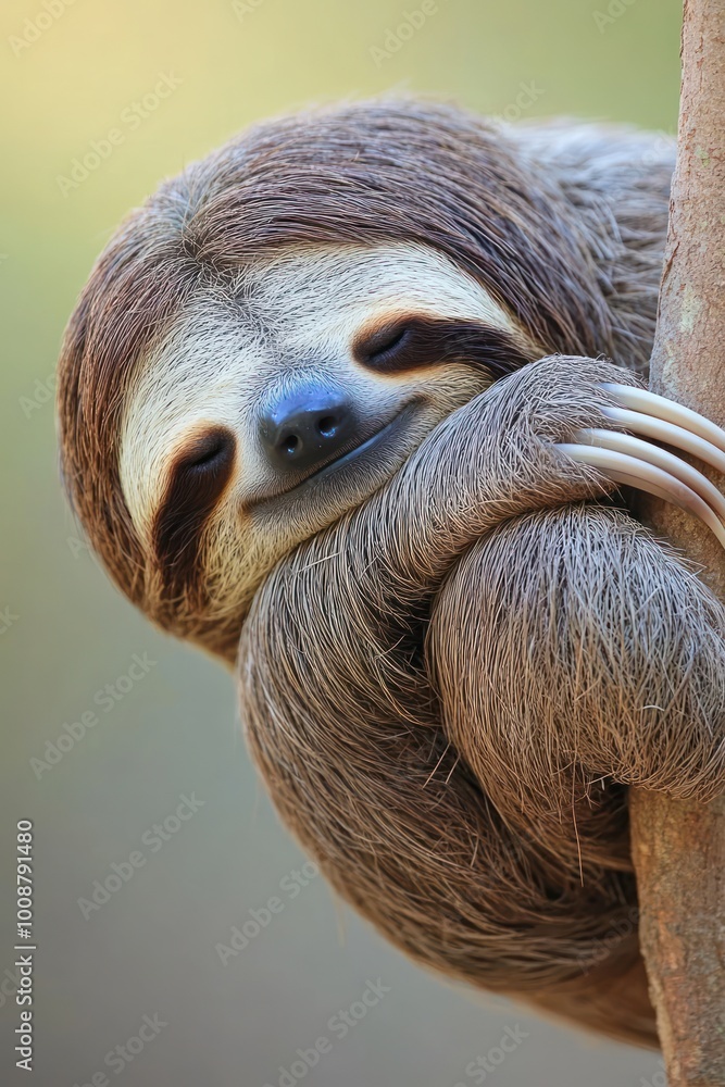 A close-up of a smiling sloth hanging on a tree branch, showcasing its cute features. A close-up of a smiling sloth hanging on a tree branch, showcasing its cute features.
