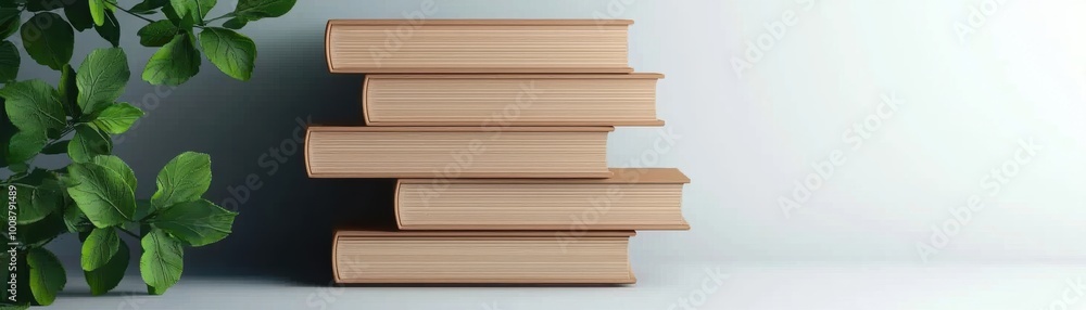 A stack of closed, beige books resting against a green plant, ideal for education, literature, and interior decor concepts.