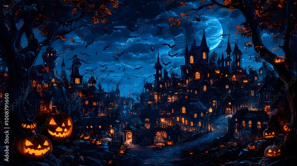 A cityscape with a large moon in the sky and a group of pumpkins on the ground. The pumpkins are scattered throughout the scene, with some closer to the foreground and others further back A cityscape with a large moon in the sky and a group of pumpkins on the ground. The pumpkins are scattered throughout the scene, with some closer to the foreground and others further back