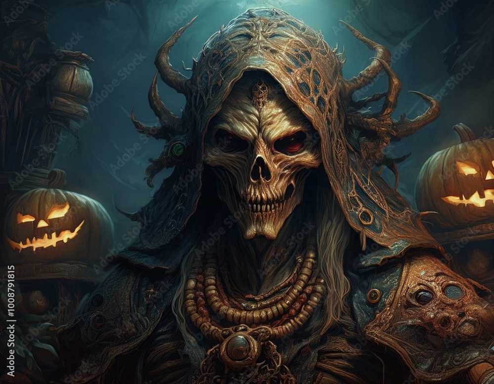 Scary Halloween scene with a dark creature, mystic objects and fantastic spiritual fabric background Scary Halloween scene with a dark creature, mystic objects and fantastic spiritual fabric background