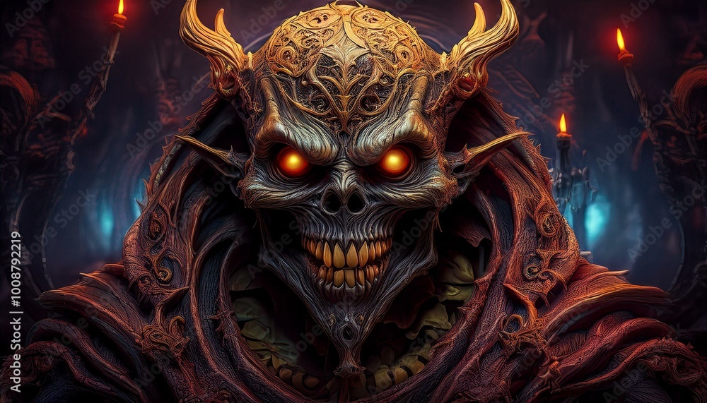 Naklejka premium Scary Halloween scene with a dark creature, mystic objects and fantastic spiritual fabric background