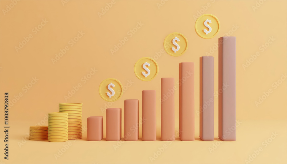 A colorful bar graph showing financial growth with stacked coins, symbolizing rising profit and economic success against a yellow backdrop. A colorful bar graph showing financial growth with stacked coins, symbolizing rising profit and economic success against a yellow backdrop.