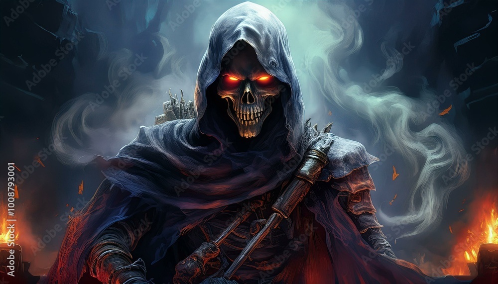 Scary Halloween scene with a dark creature, mystic objects and fantastic spiritual fabric background Scary Halloween scene with a dark creature, mystic objects and fantastic spiritual fabric background