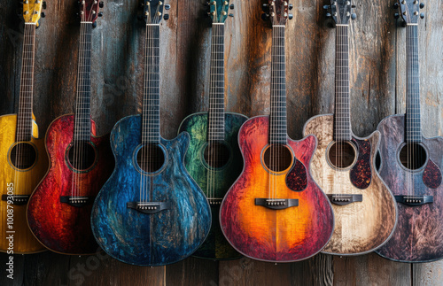 Colorful acoustic guitars with unique styles on a rustic backdrop