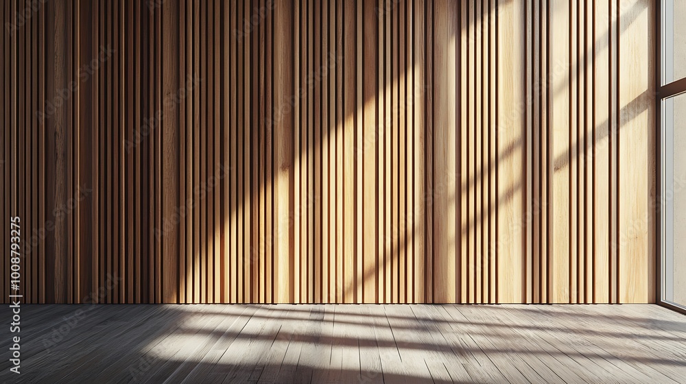 Wall with wood background. Panels with wood texture. Vertical slats in the interior design of an empty studio room. 3D architecture with window shadow overlay. Wall with wood background. Panels with wood texture. Vertical slats in the interior design of an empty studio room. 3D architecture with window shadow overlay.