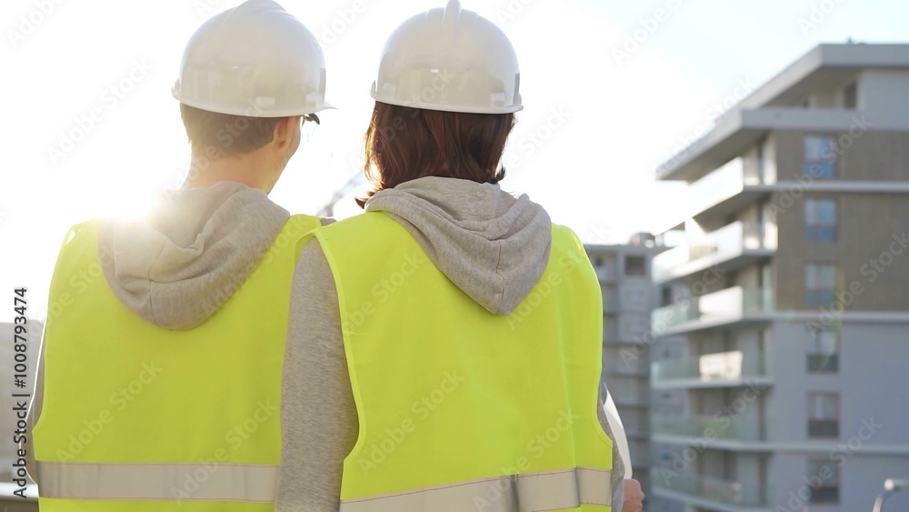 Man and woman engineers wearing safety hard hats and vests holding blueprint and discussing something on construction site at sunrise, back view. Architecture and engineering concept Man and woman engineers wearing safety hard hats and vests holding blueprint and discussing something on construction site at sunrise, back view. Architecture and engineering concept