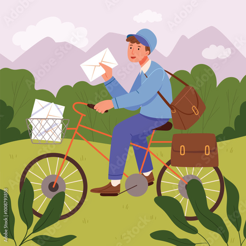 Cheerful Mailman Riding Bicycle with Letters