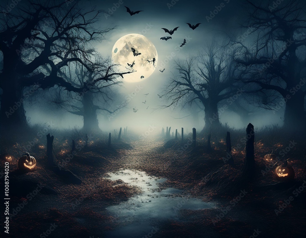 halloween night scene with cemetery halloween night scene with cemetery