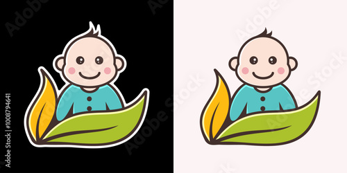 cheerful baby and leaf design logo
