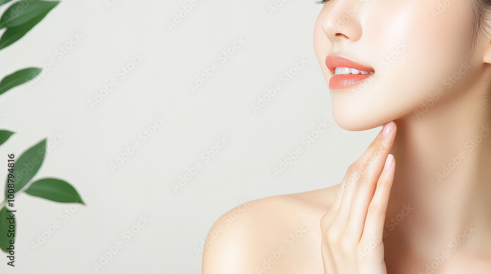 Naklejka premium Close-up view of a woman's face with soft skin, gently touching her chin against a minimalist background with greenery