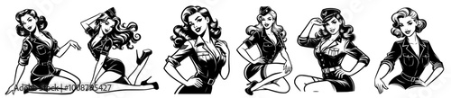 retro pin-up girl collection in military-inspired fashion, black vector illustration