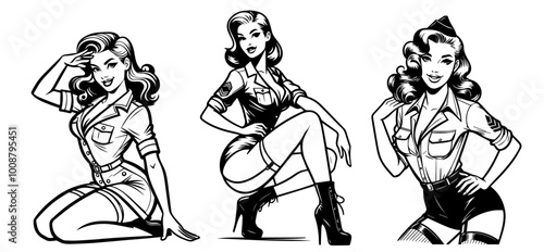 vintage military pin-up girls in playful poses, hand-drawn black vector artwork