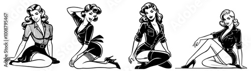 detailed pin-up girls in classic uniforms, hand-drawn black and white style, black vector