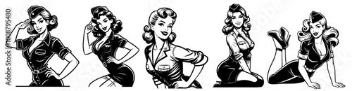hand-drawn pin-up girl portraits in classic military outfits, black vector illustration