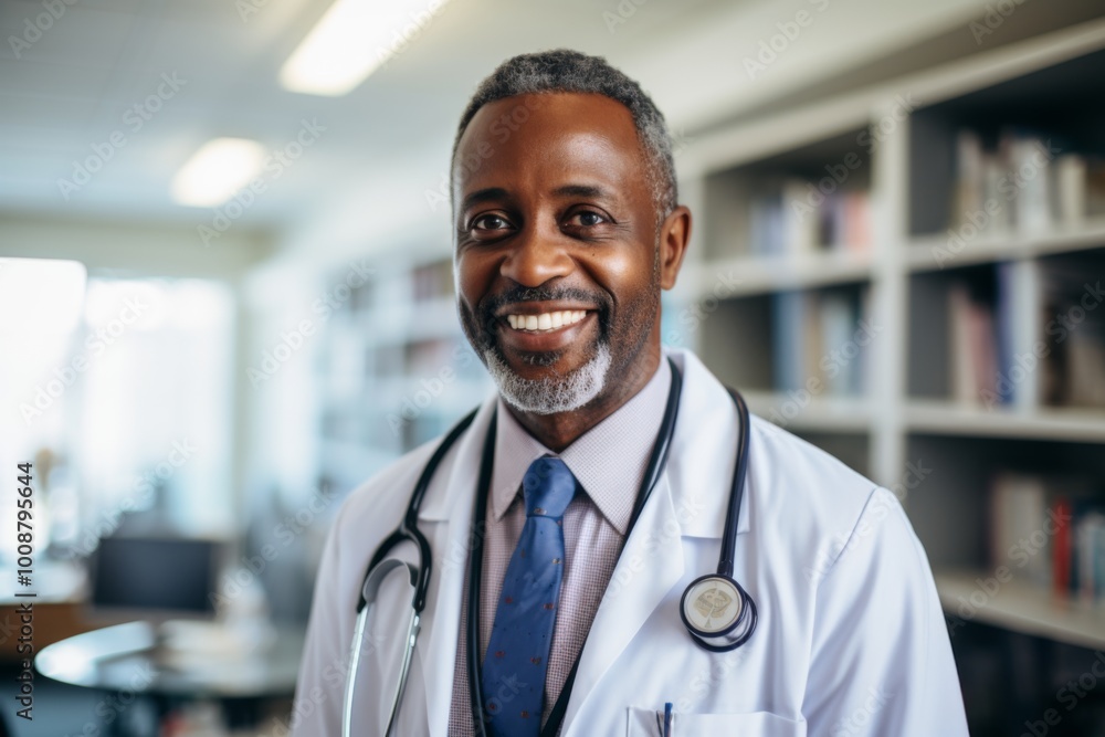 Portrait of a middle aged African American male doctor in hospital office Portrait of a middle aged African American male doctor in hospital office