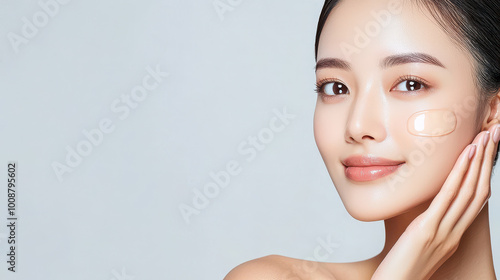 Young woman applying foundation on her cheek with a gentle smile, showcasing skincare routine and beauty expertise against a light background