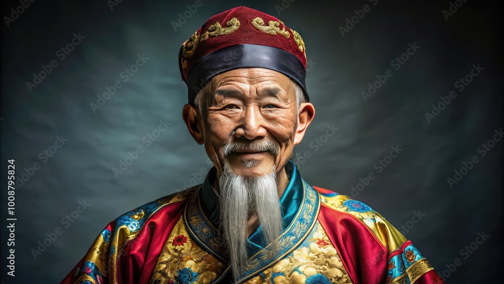 Obraz premium Wise Elderly Chinese Man with Traditional Attire Posing Elegantly Against a Plain Background