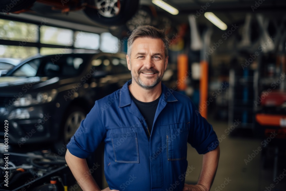 Portrait of a middle aged male mechanic in car shop Portrait of a middle aged male mechanic in car shop