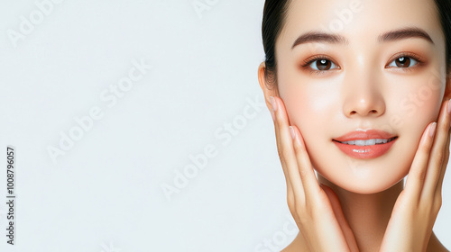 Young woman with healthy glowing skin smiling and gently touching her face, on a soft white background