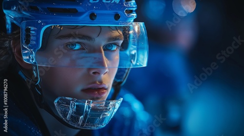 A hockey player in a dark, intense setting. The hockey player is wearing a reflective helmet, with only the contours of the helmet and faceguard visible in the low light. photo