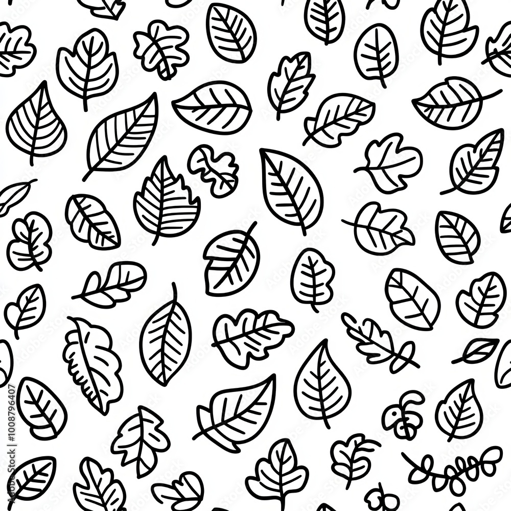 Autumn seamless pattern with outlines, leaves, and forest gifts in colors Autumn seamless pattern with outlines, leaves, and forest gifts in colors