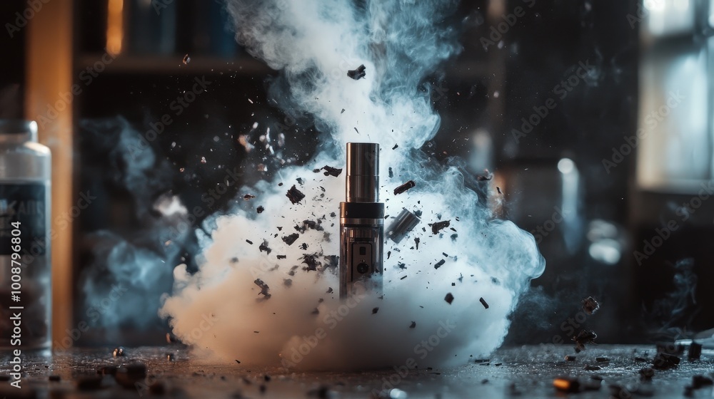 Vaps Exploding An explosion occurs with a vape device at the center, surrounded by a ...
