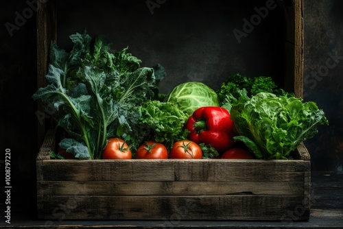 Assorted vegetables in wood box on dark rustic wooden background - generative ai