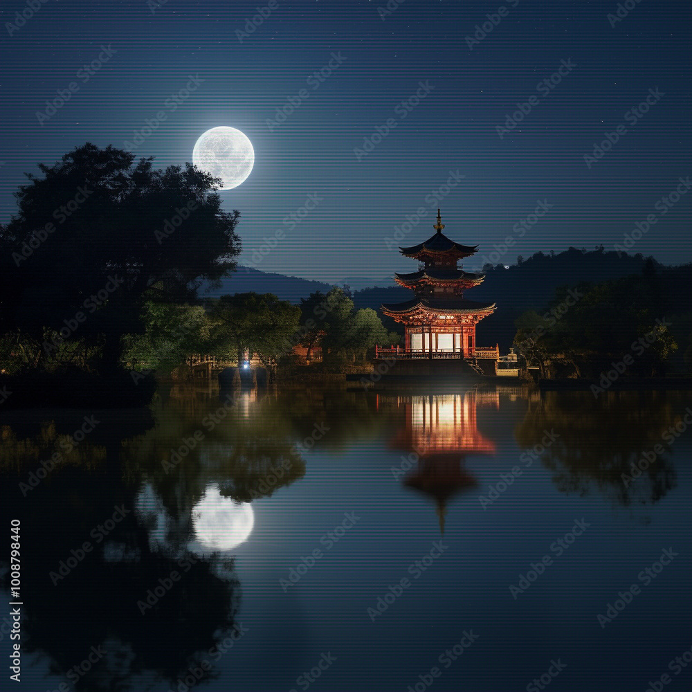 a full moon is shining over a lake a full moon is shining over a lake