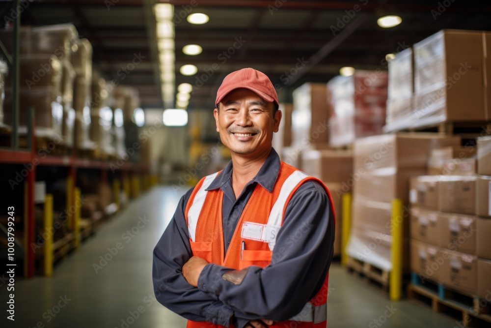 Portrait of a joyful middle aged male Asian warehouse worker Portrait of a joyful middle aged male Asian warehouse worker