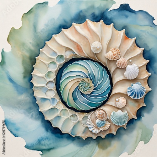 Isolated white spiral seashell on a shell background, a nature pattern reminiscent of nautilus and ammonite photo