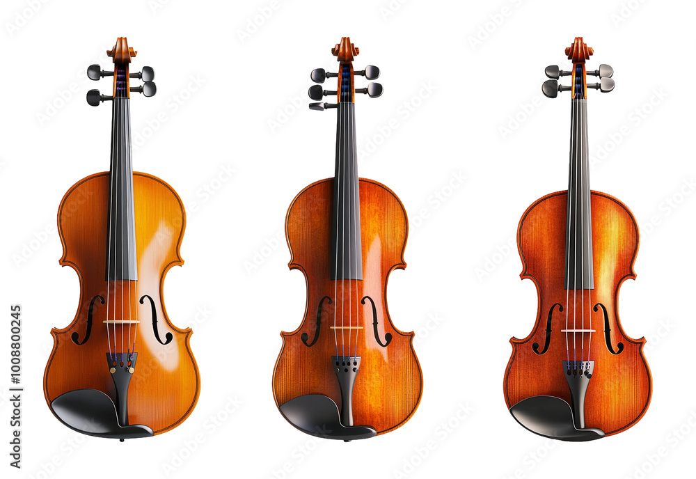 Fototapeta premium Three Elegant Wooden Violins on Transparent Background
