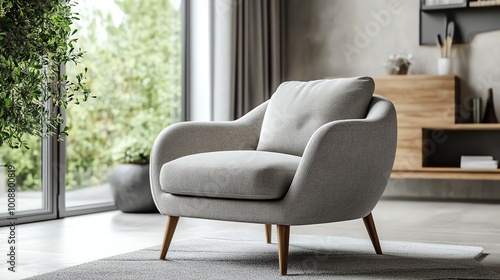 A modern living room with a comfortable armchair in the foreground and a bookshelf in the background.