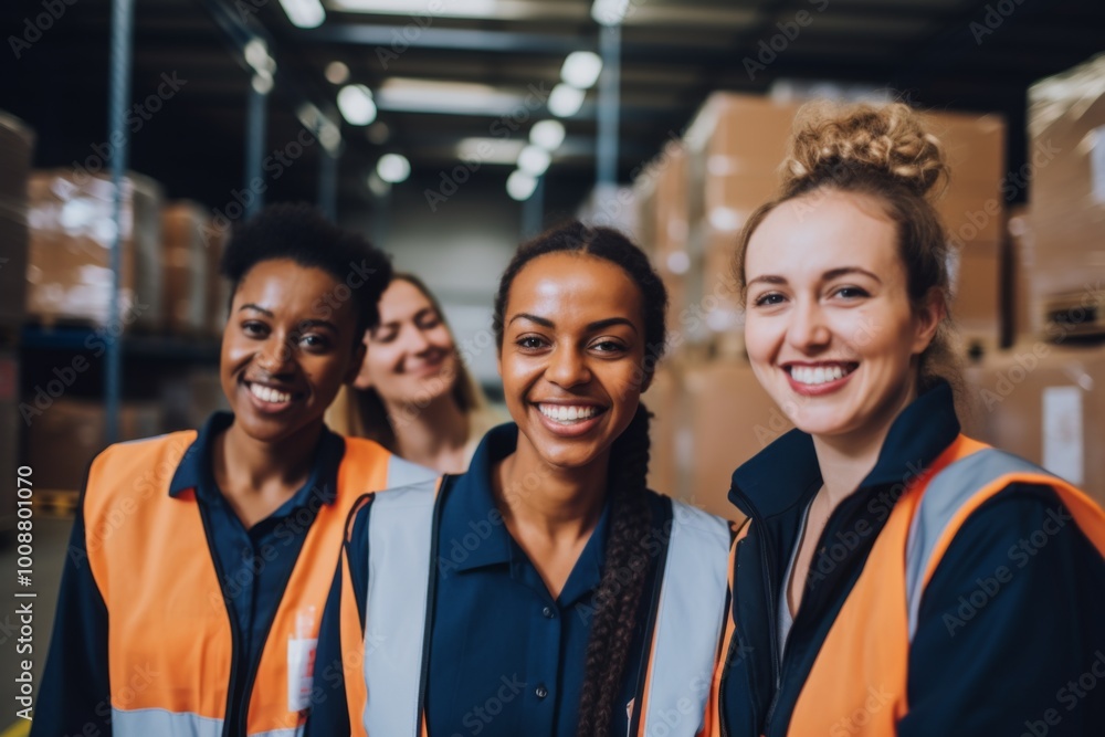 Smiling portrait of a young and diverse group of female warehouse workers Smiling portrait of a young and diverse group of female warehouse workers