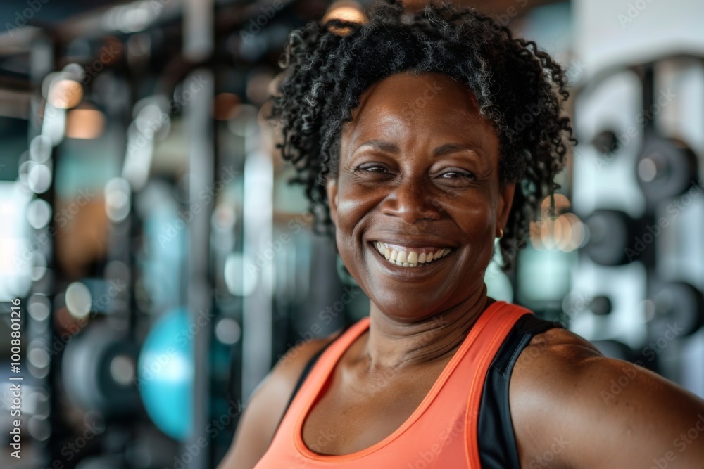 Smiling portrait of a slightly overweight African American woman in gym Smiling portrait of a slightly overweight African American woman in gym