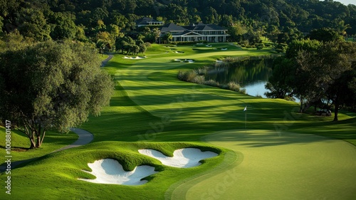 A stunning view of a golf course with lush greens and sand traps under the soft afternoon light.