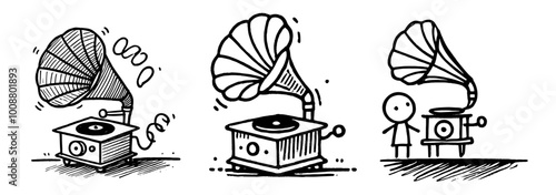 artistic gramophone sketches with retro design, hand-drawn black vector art