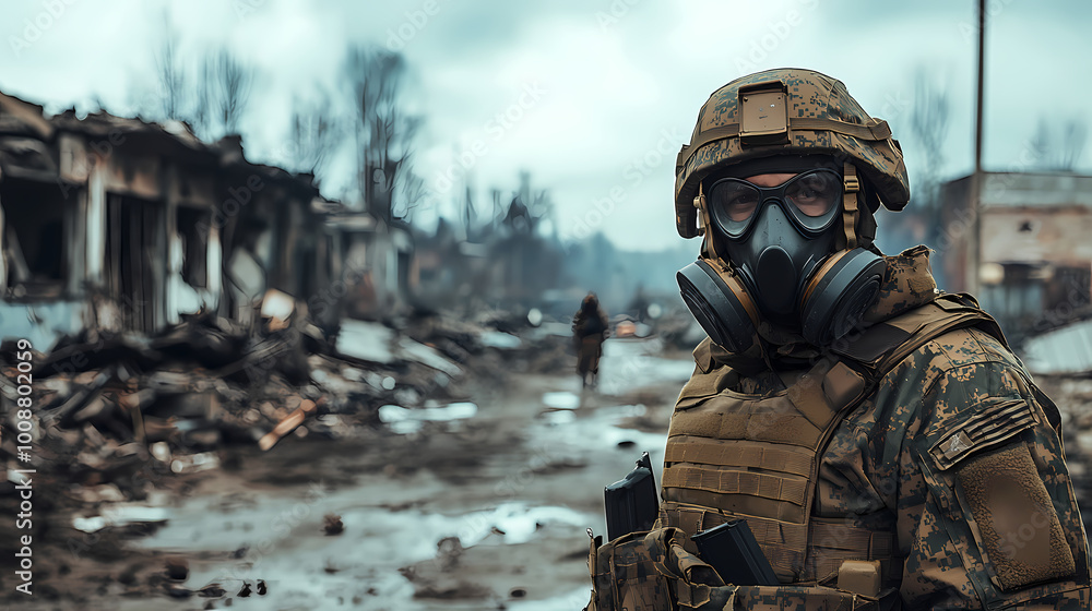 Generative AI, Solemn Sentinel: Russian Soldier Guards a Destroyed City Generative AI, Solemn Sentinel: Russian Soldier Guards a Destroyed City