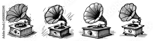 hand-drawn vintage gramophones with detailed sketch design, black vector illustration
