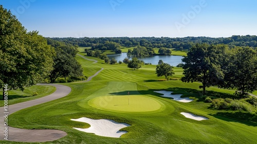 Beautiful golf course landscape with lush green fairways and serene lake under a clear blue sky.