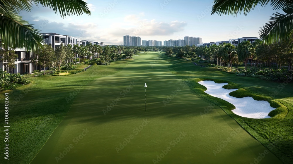 Fototapeta premium Lush golf course with palm trees and serene water features, showcasing a perfect landscape for golfing.