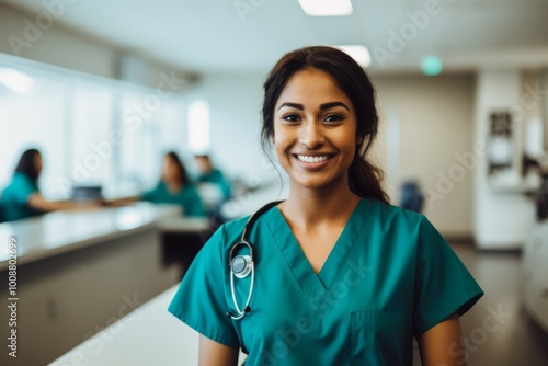 Portrait of a young nurse in scrubs at hospital