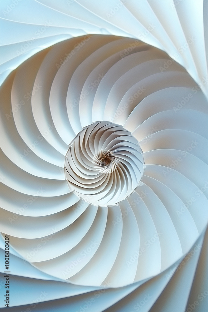 A close-up view of a spiral design made from white paper, showcasing a series of curved, layered shapes that create a mesmerizing pattern. The image captures the elegance and symmetry of the spiral A close-up view of a spiral design made from white paper, showcasing a series of curved, layered shapes that create a mesmerizing pattern. The image captures the elegance and symmetry of the spiral
