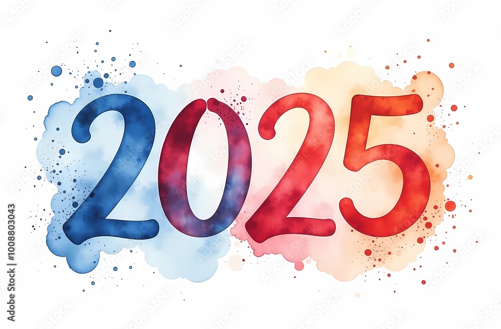 numbers or date 2025 painted in red, burgundy, orange and blue watercolor paint numbers or date 2025 painted in red, burgundy, orange and blue watercolor paint
