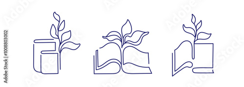 Open book with sprout plant, leaf. Line sketch set