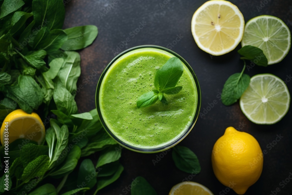 Above view of a fresh green smoothie with fresh spinach, lemon, and lime ingredients Above view of a fresh green smoothie with fresh spinach, lemon, and lime ingredients