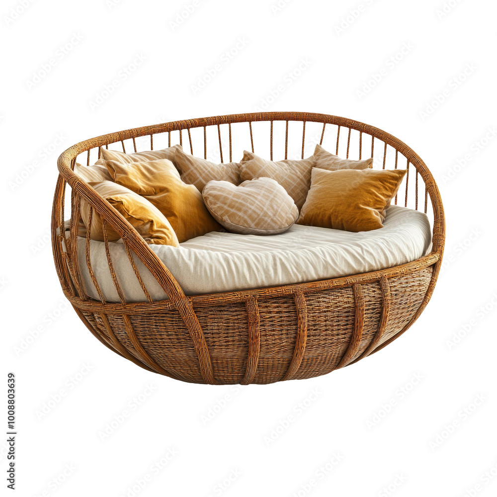 Fototapeta premium Cozy Rattan Round Bed with Soft Cushions