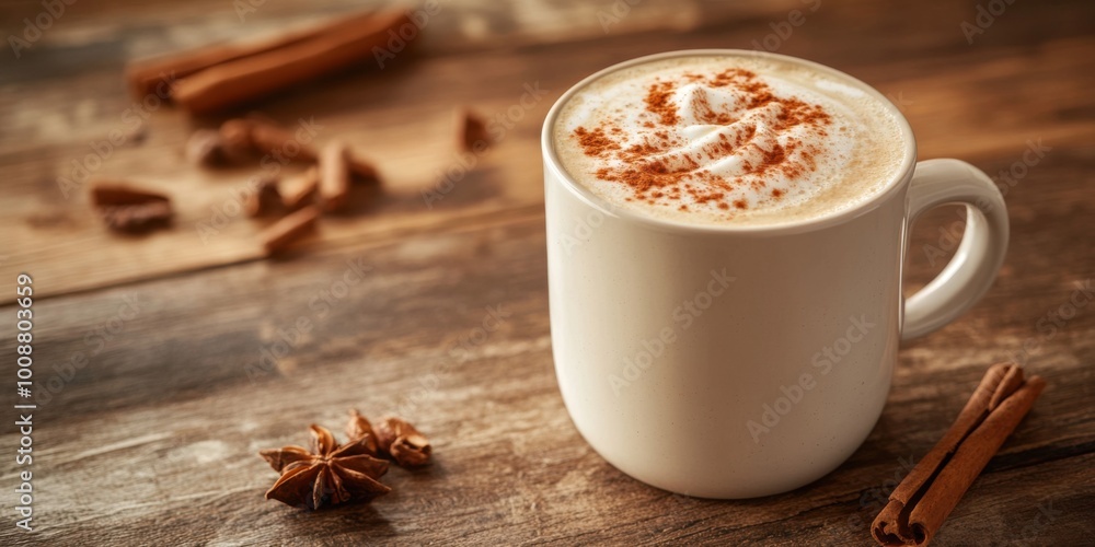 Creamy Chai Latte with Cinnamon on Top Served in a Cup on a Rustic Table Creamy Chai Latte with Cinnamon on Top Served in a Cup on a Rustic Table