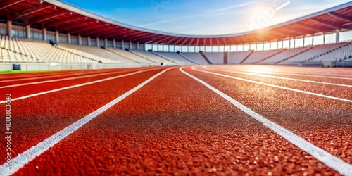 A red running track with white lines leading towards a blurred stadium under a clear blue sky with bright sunlight.